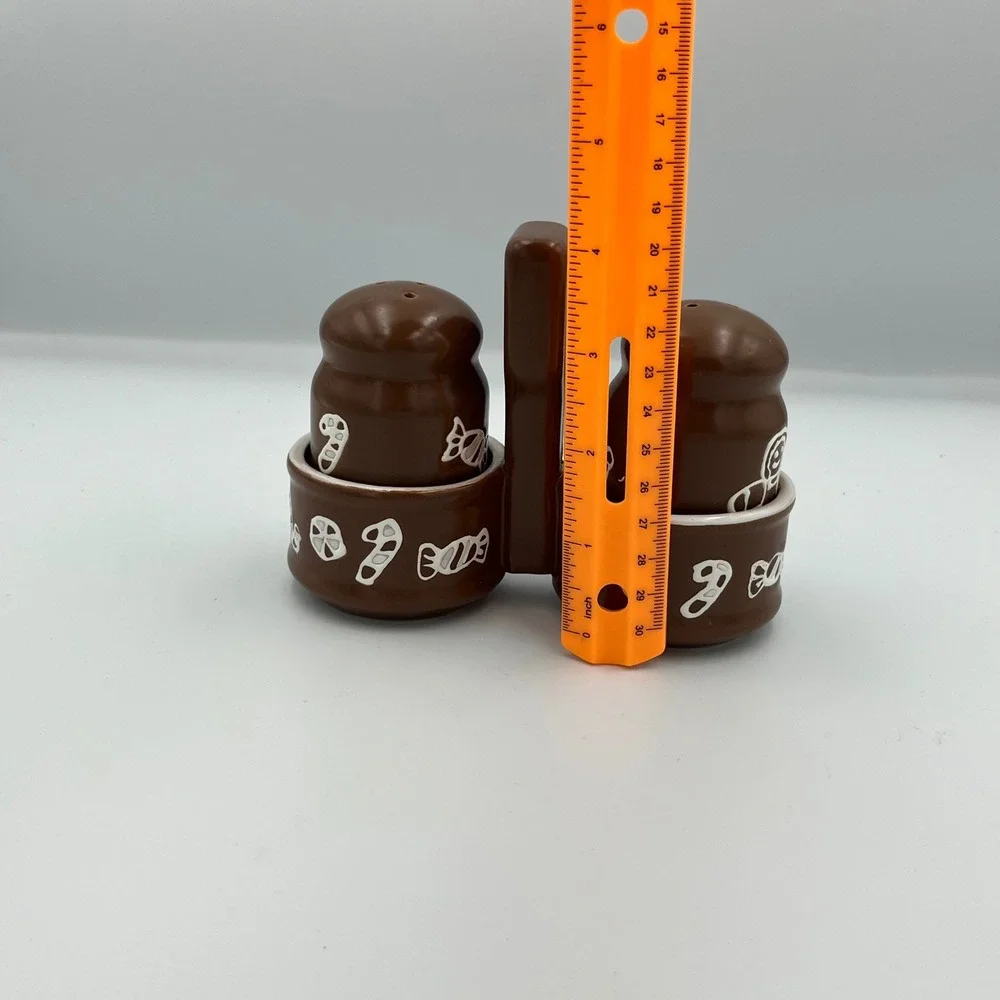 Brown‎ Gingerbread Man Candy Cane Salt Pepper Shakers with Caddy Set